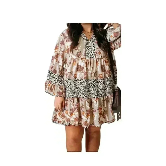 Entro Dress Womens Med Beige Floral Leaf Print Boho Bell SleeveLined Mini Flower - Picture 1 of 7